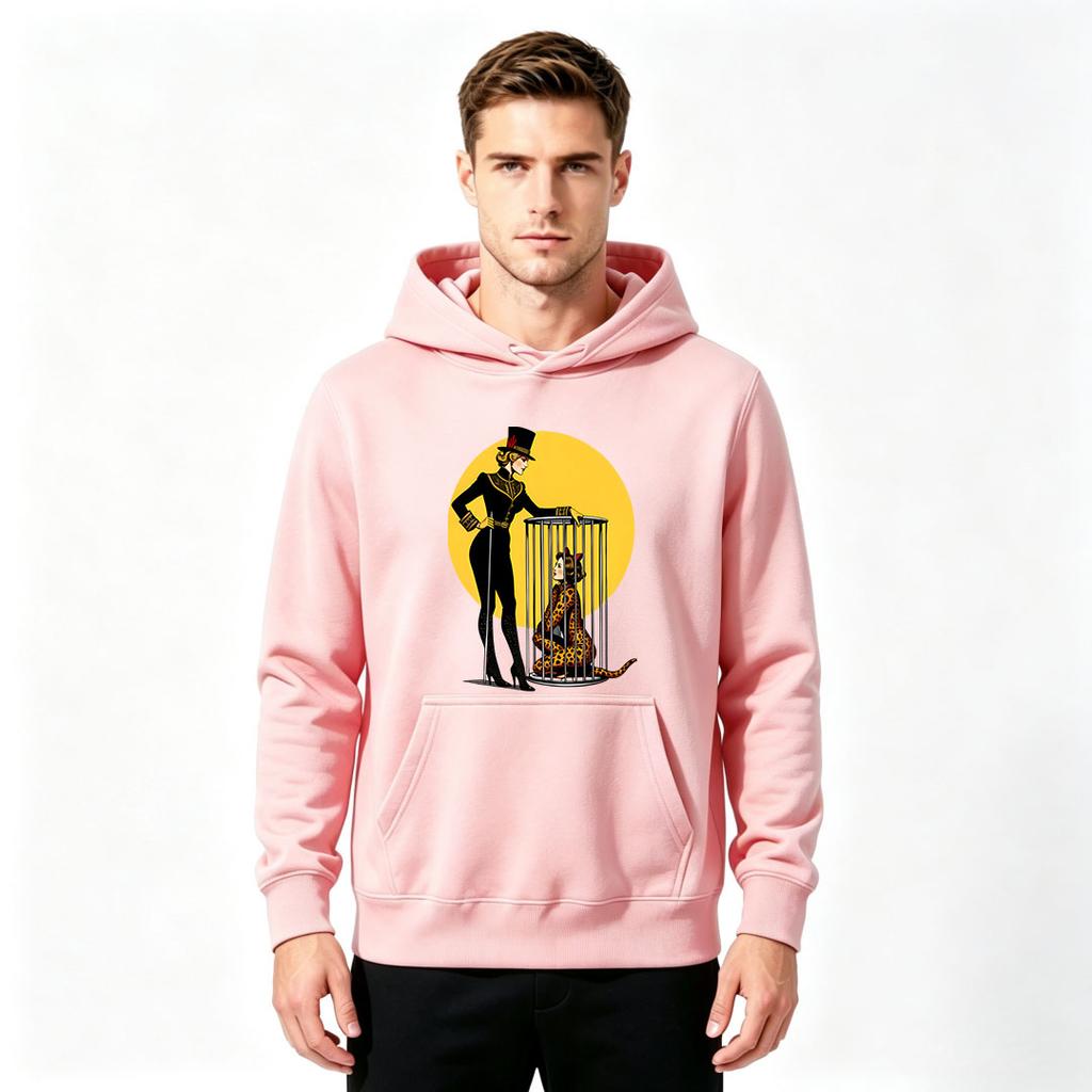 Men's Hoodie, Vintage Circus Tamer Caged Leopard Woman Print Pullover Casual Long Sleeve Hooded Sweatshirt