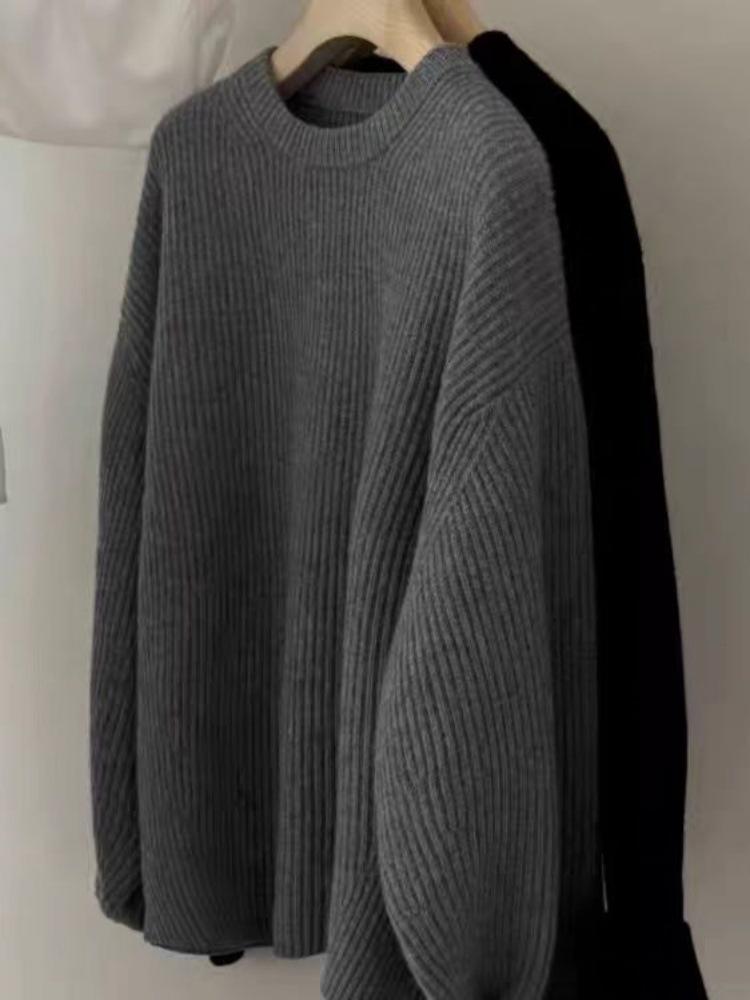 Women's Ribbed Round Neck Wool Sweater - Loose, Slimming Knit Pullover, New Fashion Style