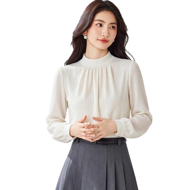 Elegant French Style Beige Chiffon Blouse Women Loose Fit Long Sleeve Shirt With Flattering Cut
