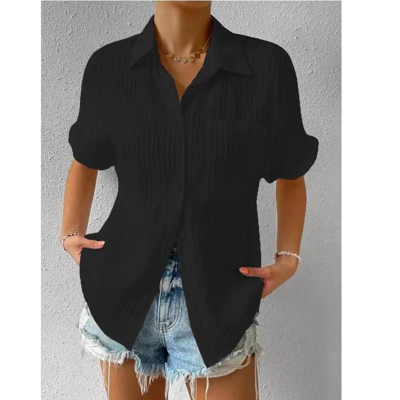Women's Casual Raglan Sleeve Lapel Shirt with Spliced Pocket - Solid Color, Short Sleeves, 2025 Collection.