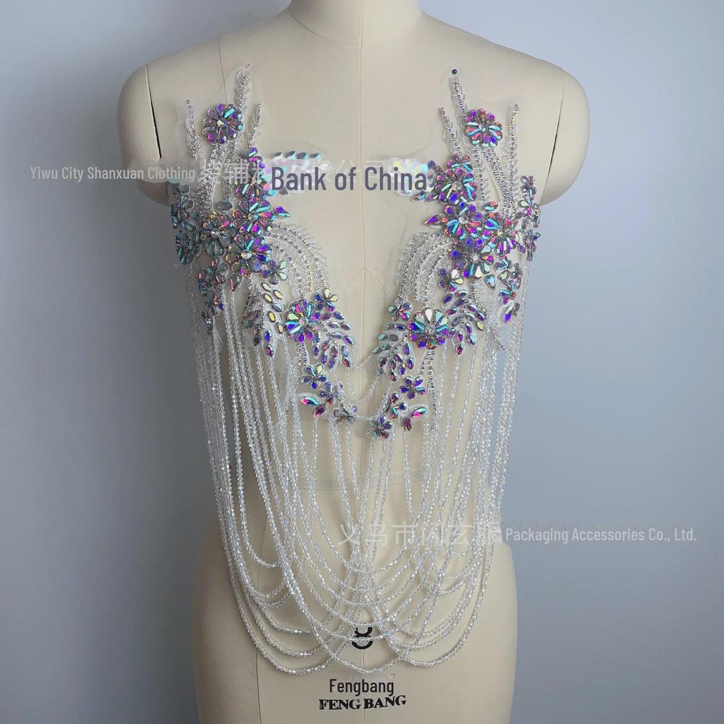 Handmade Beaded Tassel Wedding Dress Shoulder Ornaments with Crystal Diamond Lace Applique