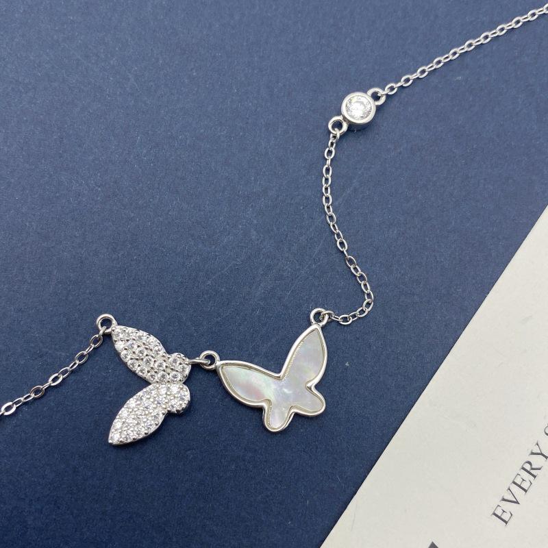 S925 Sterling Silver Double Butterfly Shell Zircon Necklace - Elegant Minimalist Pendant for Women