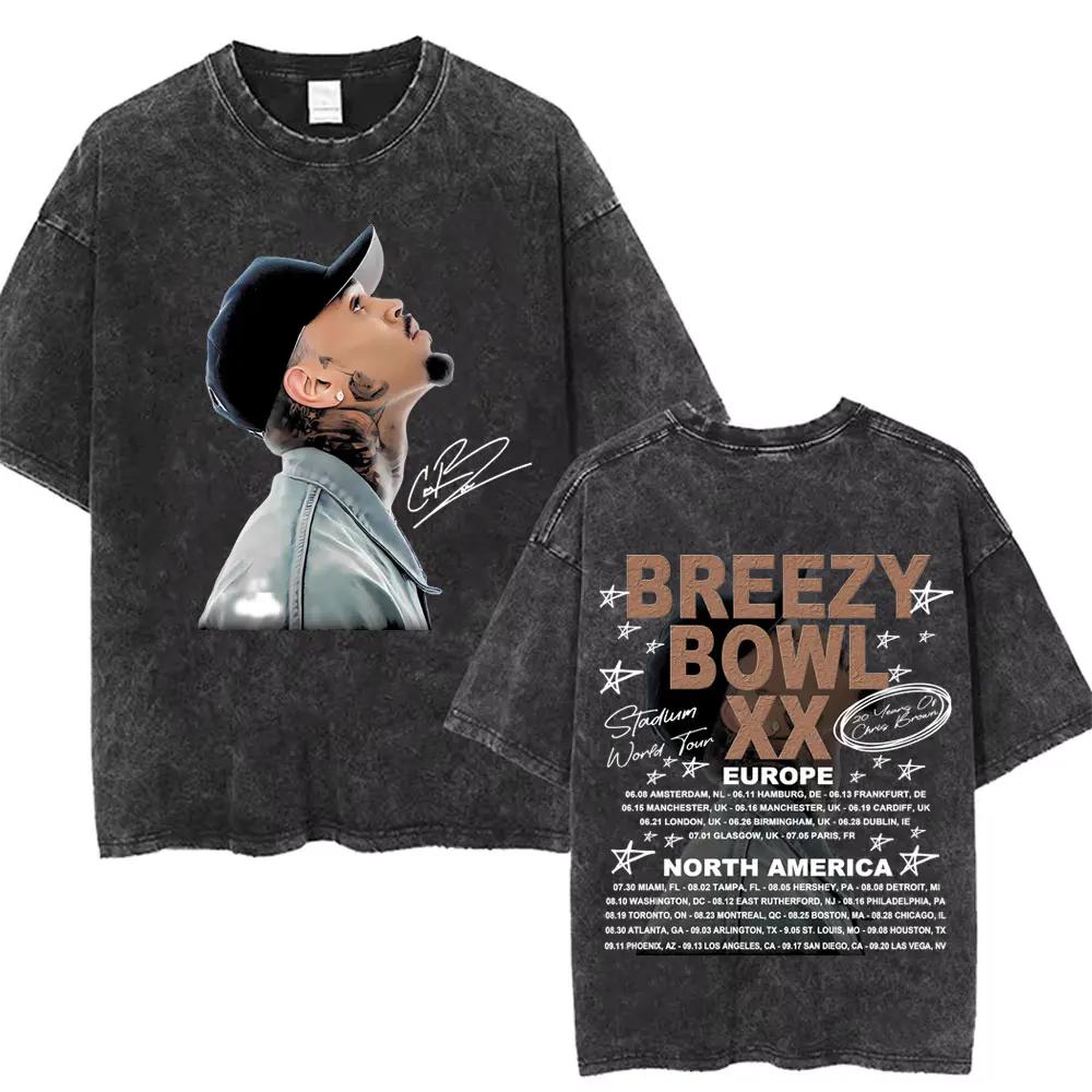 Rapper Chris Brown Breezy Bowl XX Tour  Vintage Washed Tshirts Men Women Hip Hop Fashion T Shirts Male Cotton Retro Tshirt