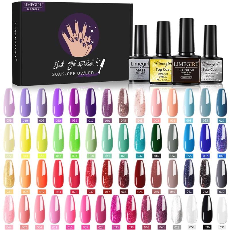 8ml Nail Gel Polish Kit 60pcs Full Set Box Glossy Long-lasting UV Gel Base Top Coat