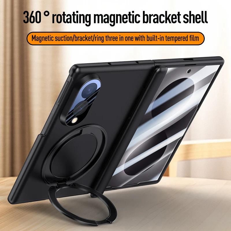 Für Samsung Galaxy Z Fold 8 Federgelenk Faltbare Hülle mit Magnetischem Ring Metallhalter Gehärtete Glasfolie Vollschutzhülle