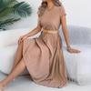 women's Round Neck Cap Sleeve Pleated Maxi Dress Loose Fit Pocket Casual Summer Long Dress