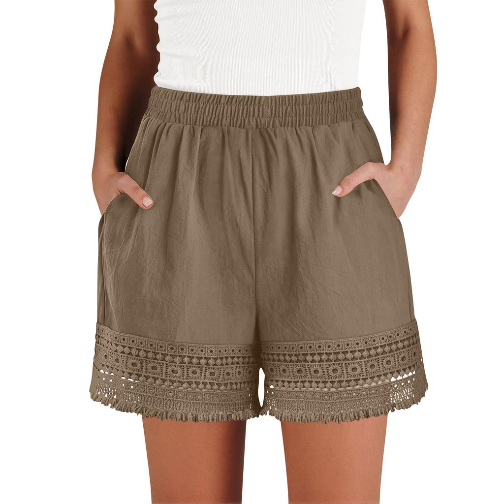 Modische Damen-Freizeit-Baumwoll-Leinen-Shorts in Farbe mit Spitzenakzenten