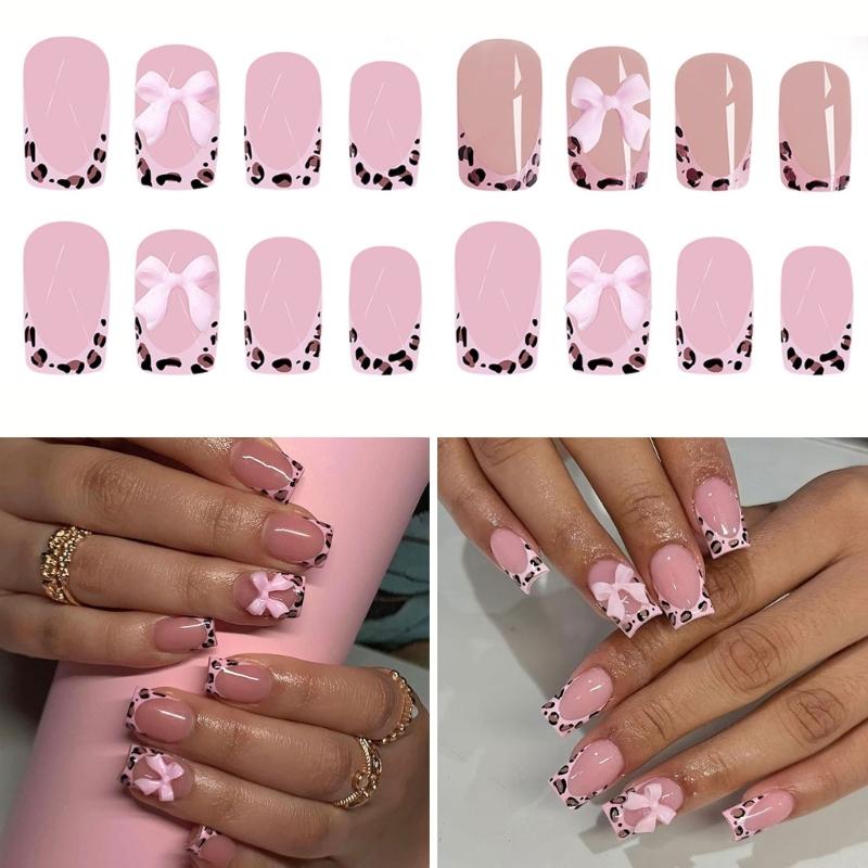 Förpackning med 24 Glansiga Rosa Press-On Naglar med 3D-Rosetter Leopardmönster Korta Fransk Spets Fyrkantig Form LösNagel för Kvinnor