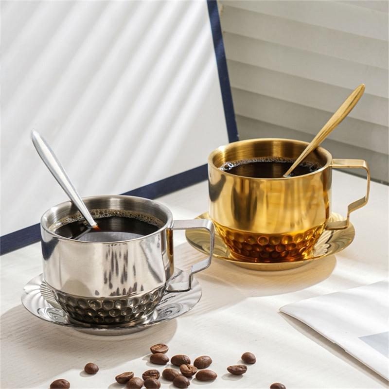 Stainless Steels Insulated Coffee Cups with Spoon and Saucer Double Walled Coffee Mugs Drinking Cups Drinkware Enduring