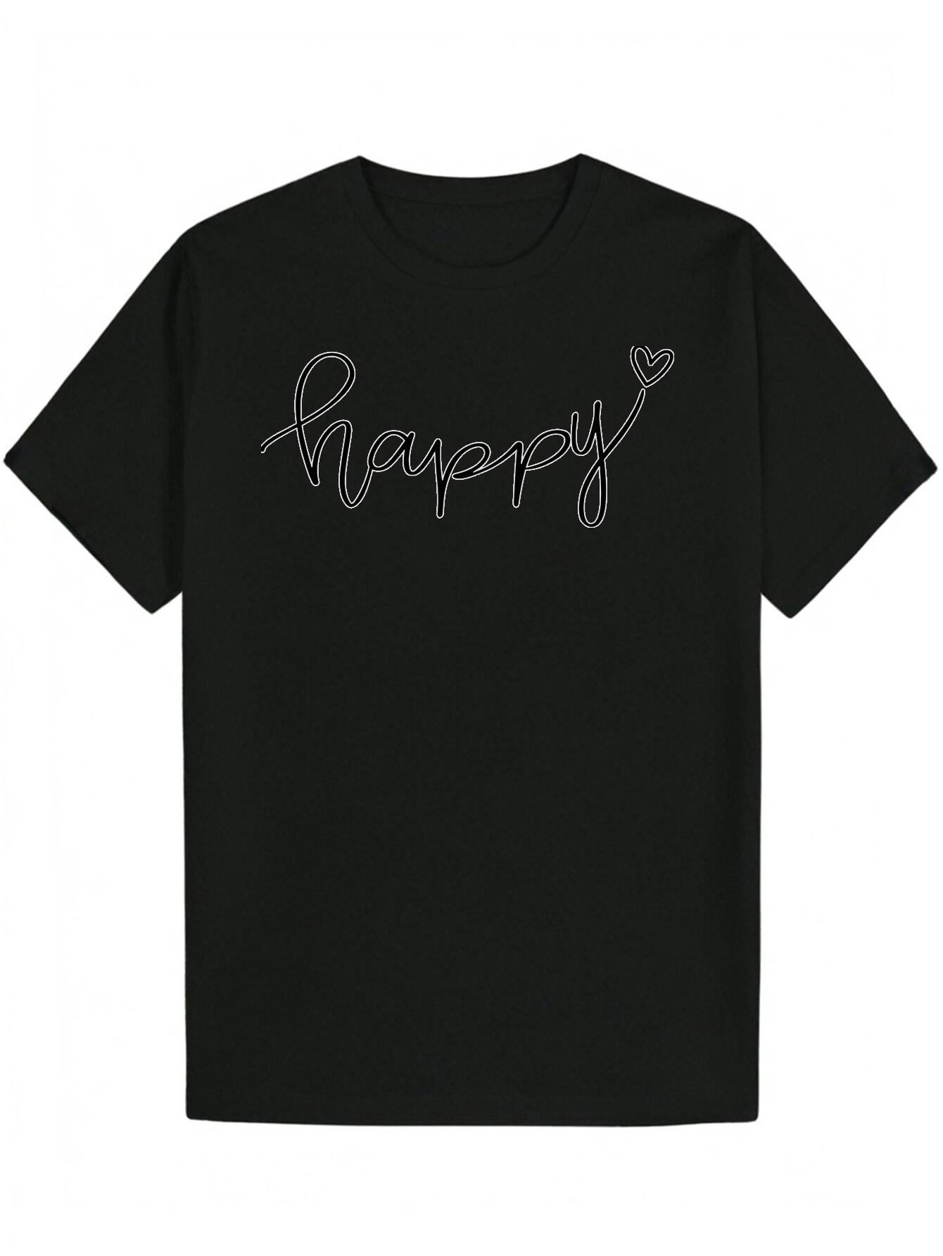 Short Sleeve T-shirt - Black with White Cursive Happy Lettering & Heart Design XXXXL