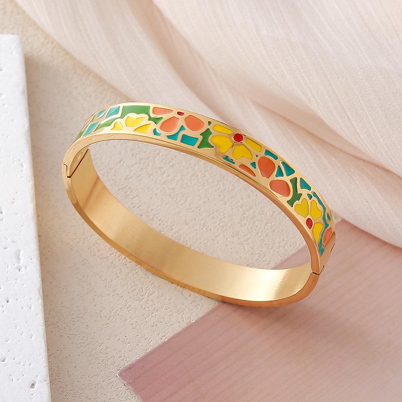 European and American Bestseller: 18K Gold Plated Titanium Steel Enamel Bracelet - Women’s Colorful Drip Oil Light Luxury Jewelry.