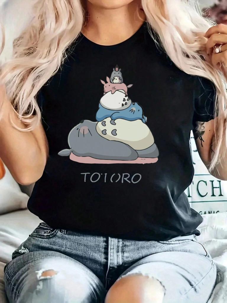 Women's Anime Cat Bus Totoro Graphic Print T-Shirt Casual Short Sleeve Round Neck Tee for Casual Attire Simple Design Harajuku