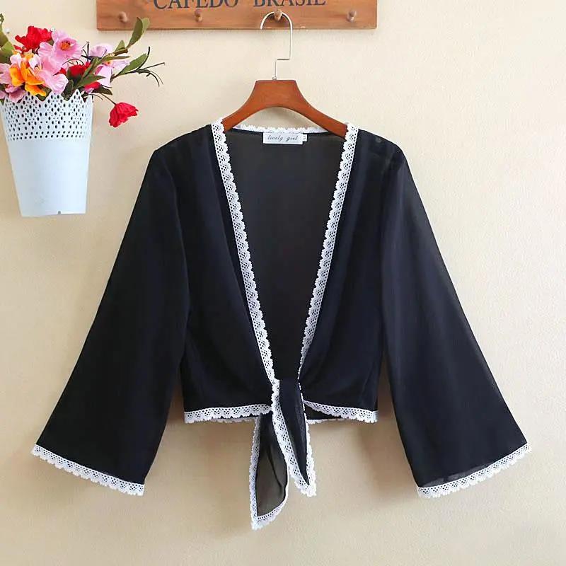 Women Summer Shawl Large Size Solid Color Lace Thin Coat Slim Elegant Versatile Chiffon Sunproof Cardigan