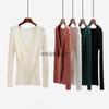 Womens V-Neck Knit Sweater Loose Fit Long Sleeve Solid Color Pullover Winter