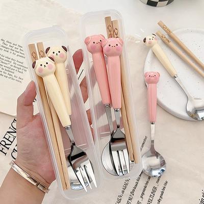 Süßes Cartoon-Hündchen-Sparschwein Löffel Gabel Essstäbchen Edelstahl Besteck Tragbar Schüler Kawaii Besteck Kinder Aufbewahrungsbox Set