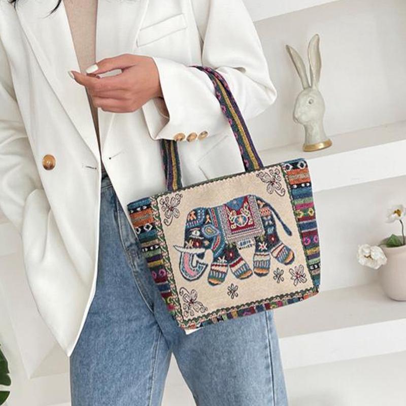 Ethnic Style Handbag Trendy Animal Embroidery Handbag Canvas Women Shoulder Bags Women Grocery Storage Pouch