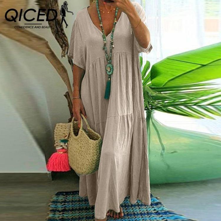 

Summer Spring V Neck Long Swing Dress Big Irregular Hem S хаки