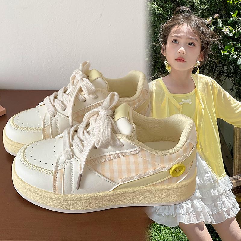 Spring and Autumn New Casual Minority Bread Shoes Children Sakura Pink Shoes with Thick Bottom and Lace Edge White Kids Shoes