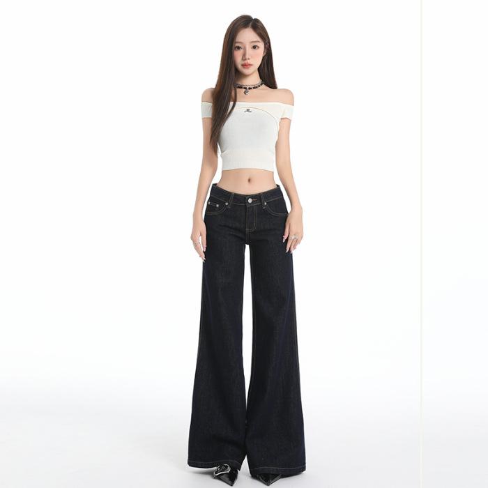 Dark blue low-rise non-stick leg flared jeans women's spring and summer new American retro Spice Girl wide-leg pants