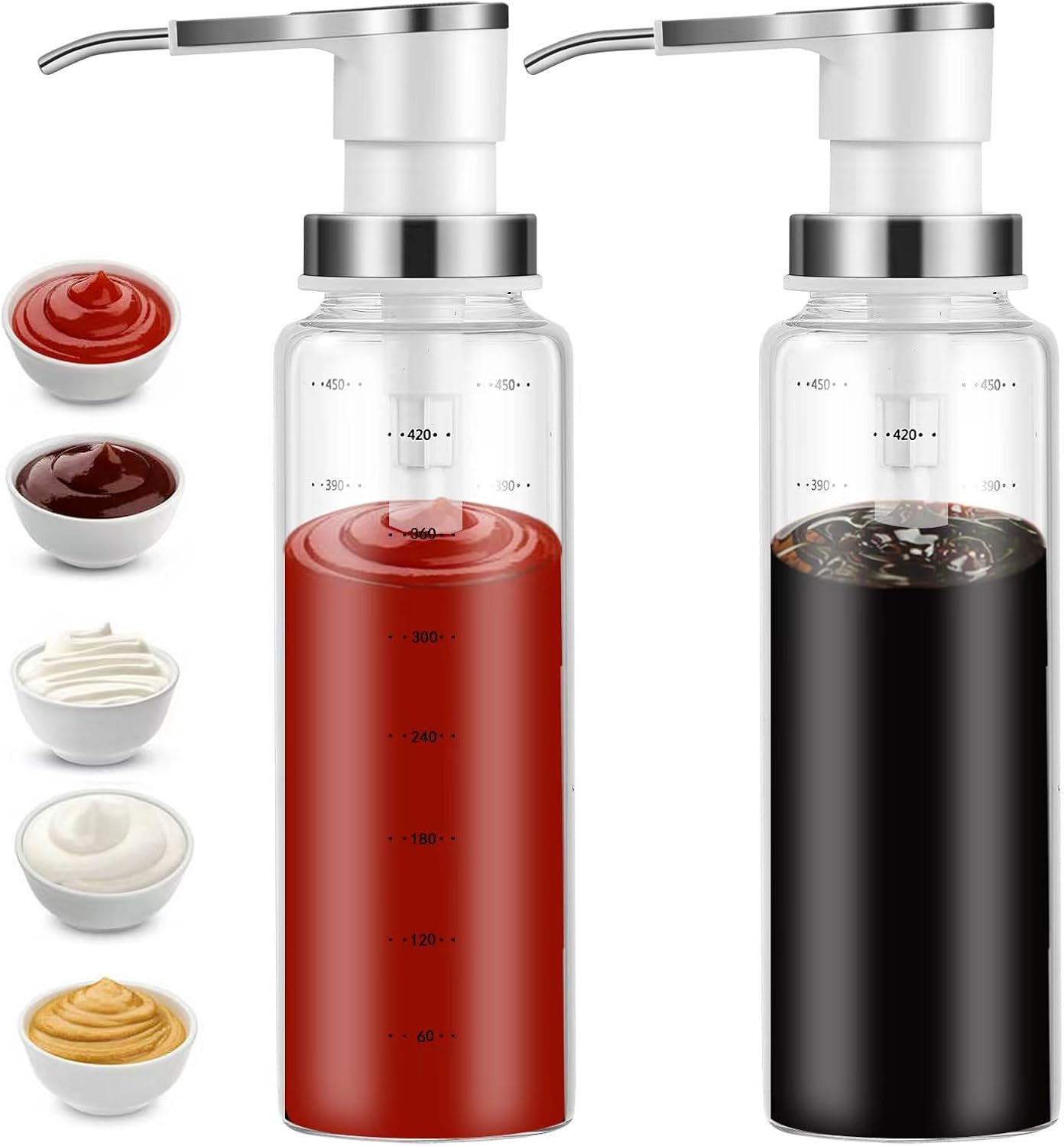 Sauce Pump Dispensers, Coffee Syrup Dispenser, 4 x 500ml Glass Bottle with Stainless Steel Pumps, Leak-Proof, Food Grade Pumps for Honey, Syrups(4 X) 2 X
