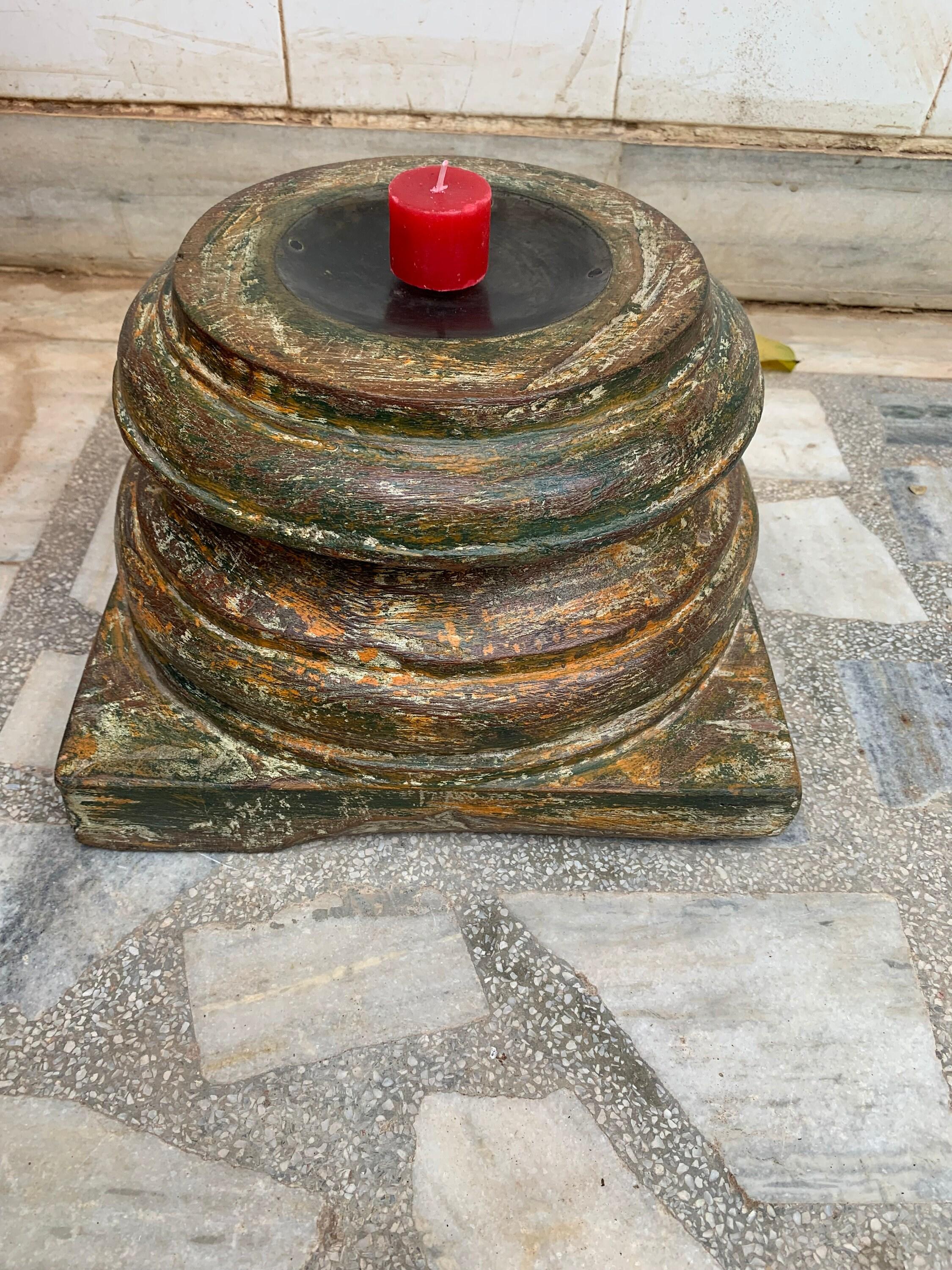Antique Carved Reclaimed Wood Candle Stand: Rustic Indian Decor 16” X 8” X 24” (l x w x h) разноцветный
