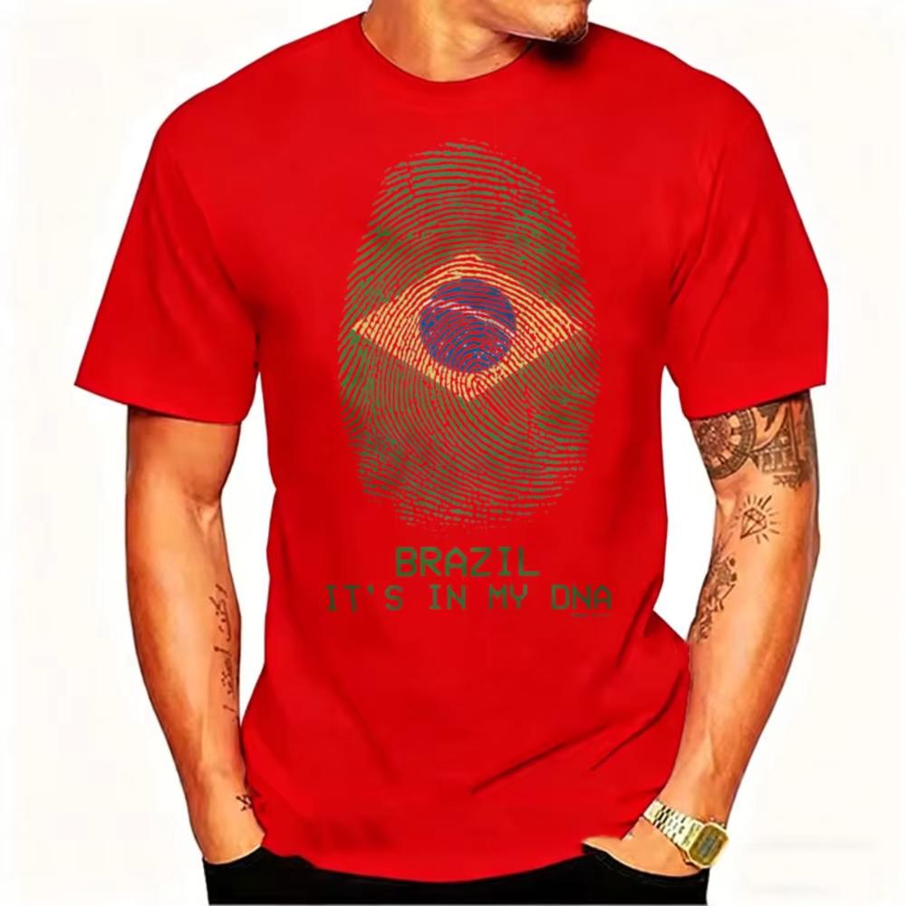 Unisexs Football Top 2026 Brazil Its In My Dna Shirt Brazilian Flag Fingerprint Graphic Tee Patriotic National Casual Cotton Tops