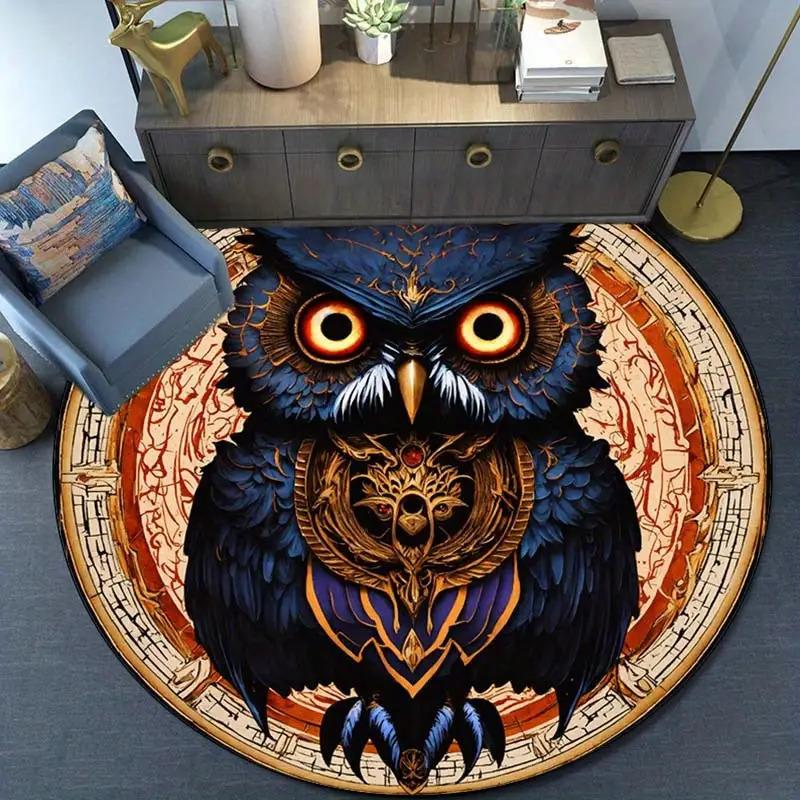 2D Flat, 3D Retro Owl Printed Polyester Area Mat - Non-Slip Round Chair Mat for Living Room & Bedroom, 800g/m² Crystal Velvet, V