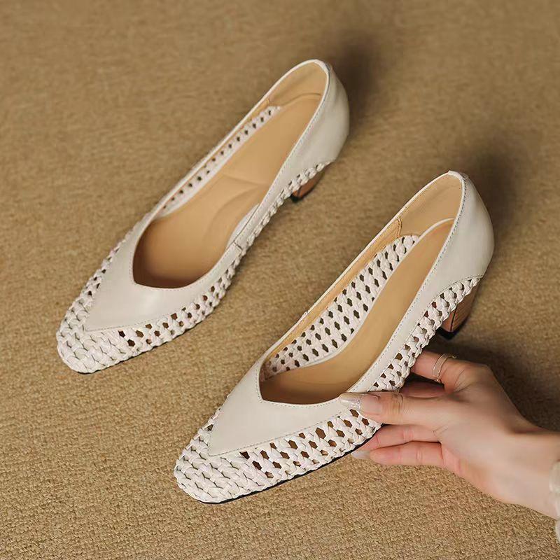Vintage Handmade Weaving Thick Heel Women's Shoes French Hollow Out Shallow Mouth Sandals Women's Summer High Heels Shoes