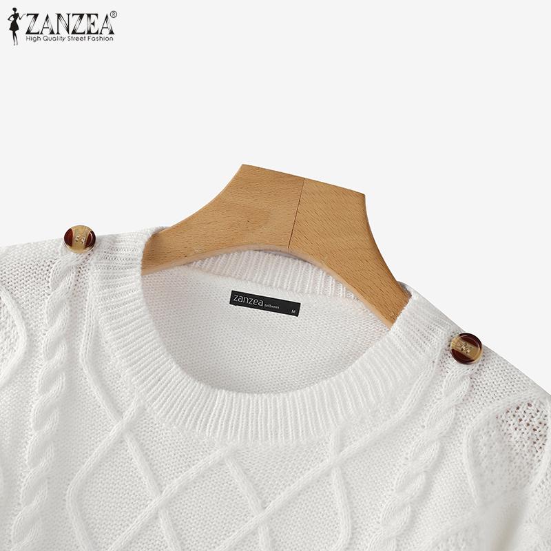 ZANZEA Autumn Women O Neck Long Sleeve Striped Texture Casual Knitted Sweaters Jumpers