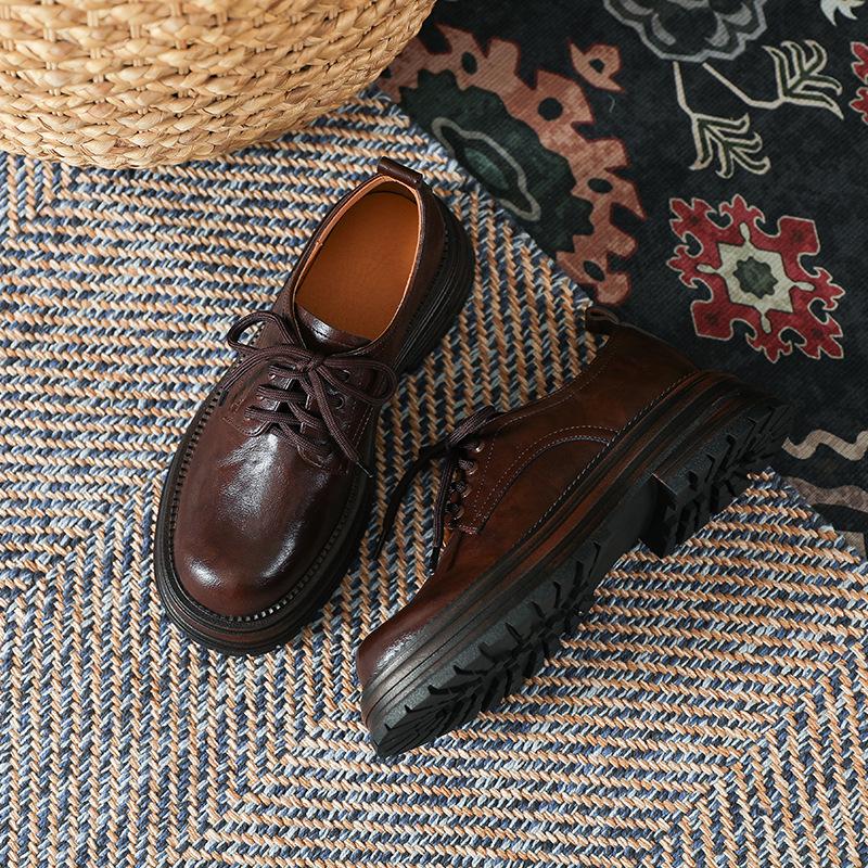 Women's 2024 Spring/Summer Retro Lace-Up Loafers - Thick Sole, Round Toe, Chunky Heel In British Style