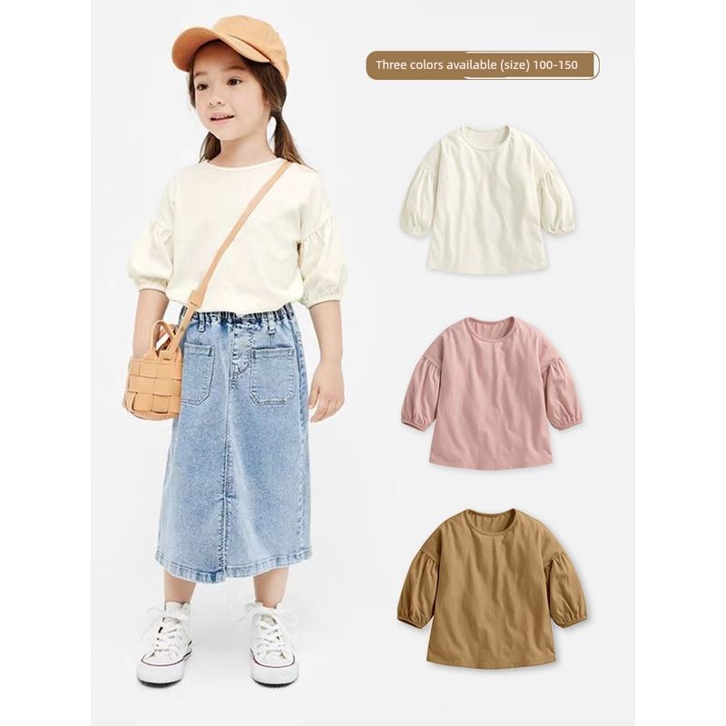 Three-Quarter Sleeve Pure Cotton T-Shirt Girl Drop Shoulder Lantern Sleeve Children's Clothing Spring and Summer New Arrival Women's Half Sleeve Tops