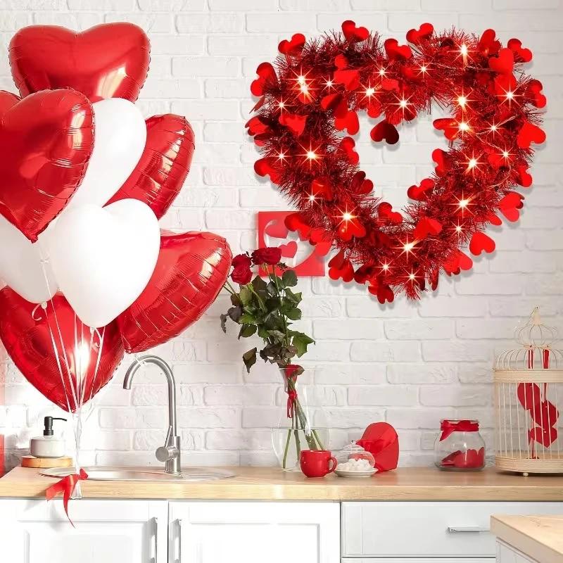 Top Quality Valentines Red Heart Shaped Wreath Decorative Hanging Garland Love Window Decoration for Wedding Engagement