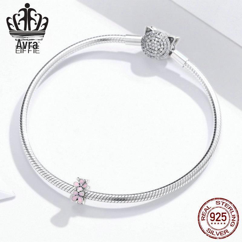 Sterling Silver Pink Four-Leaf Flower Beaded Bracelet Spacer Jewelry