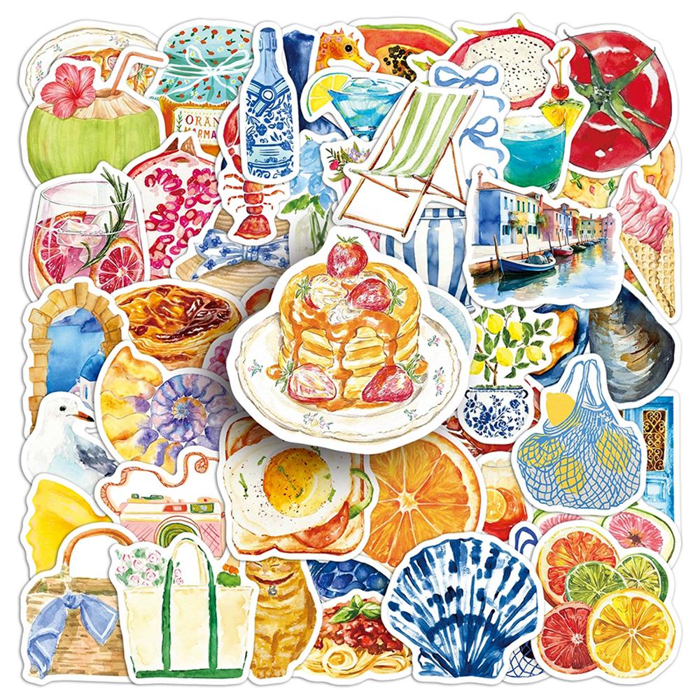10/30/50pcs Watercolor Mediterranean Aesthetic Stickers Vintage Cartoon Food Graffiti Decals DIY Luggage Motorcycle Bike Sticker