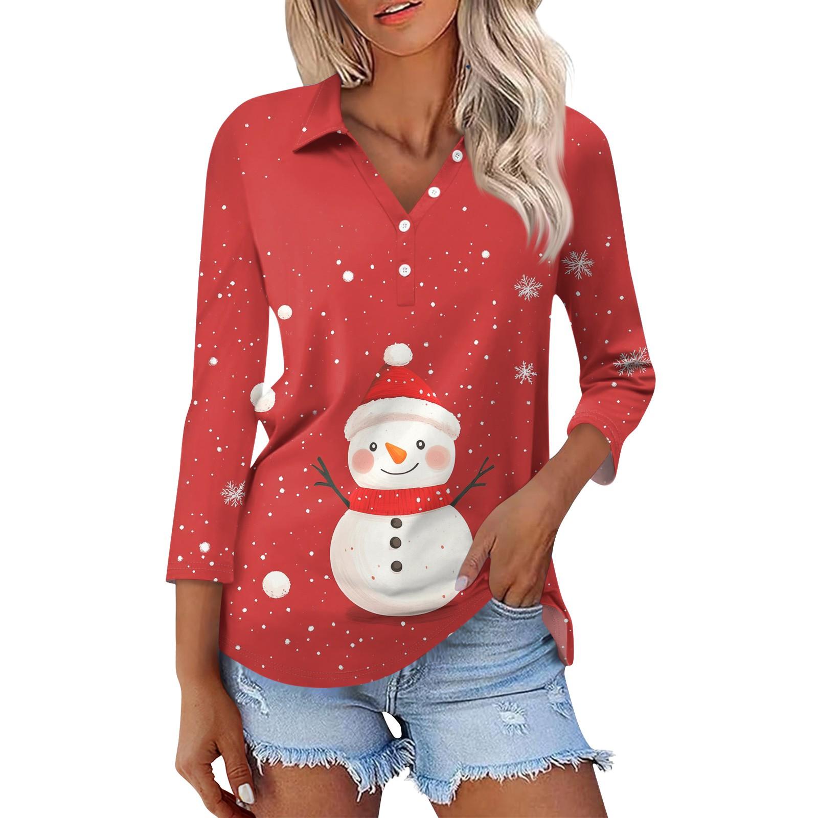 

Женская модная повседневная рубашка с рукавами 3/4 и рождественским принтом на лацканах XL