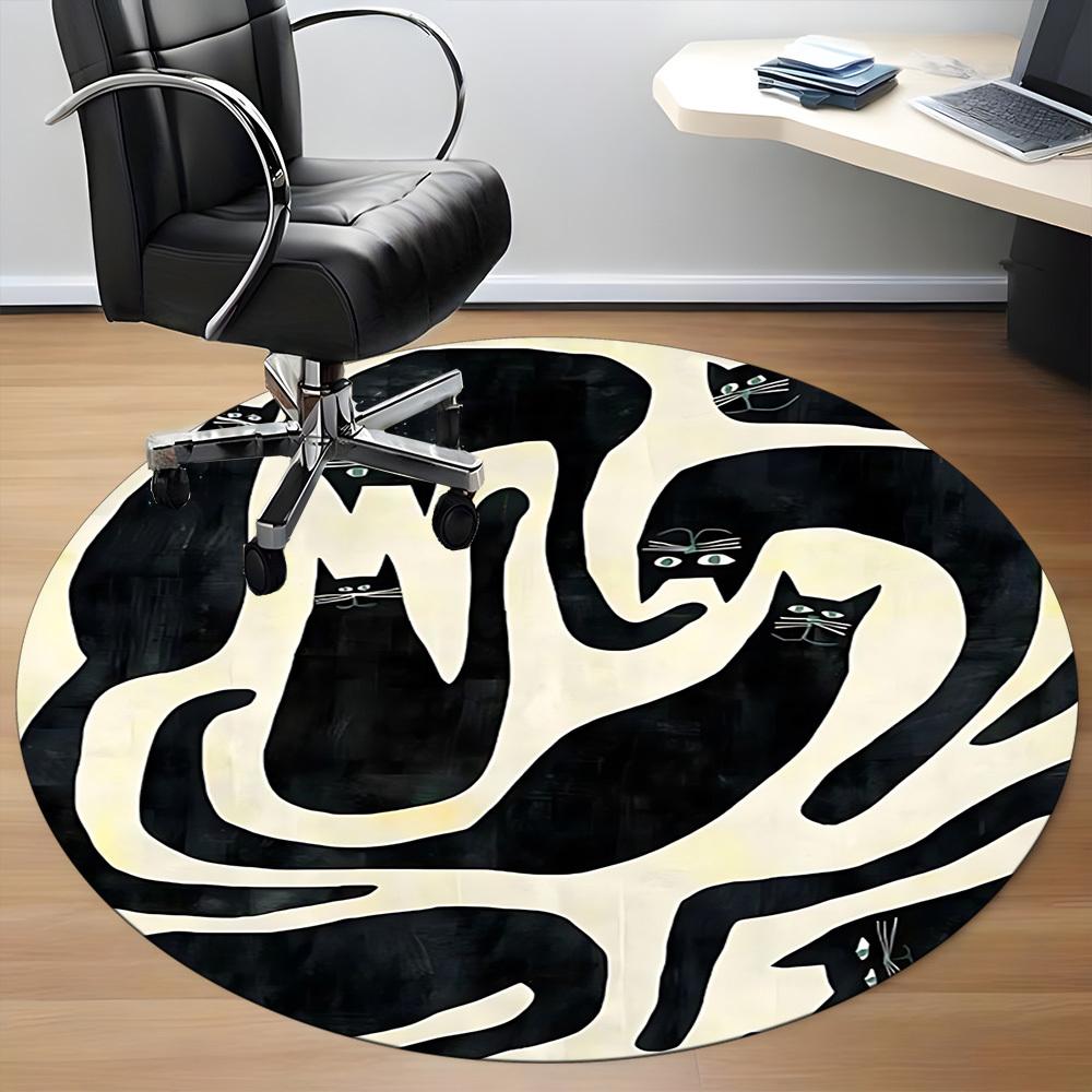 1pc Black Cats Office Round Area Rug, Indoor Mat Suitable For Office, Under Office Chairs Bedroom Living Room Home Decor, Room Deco, 093