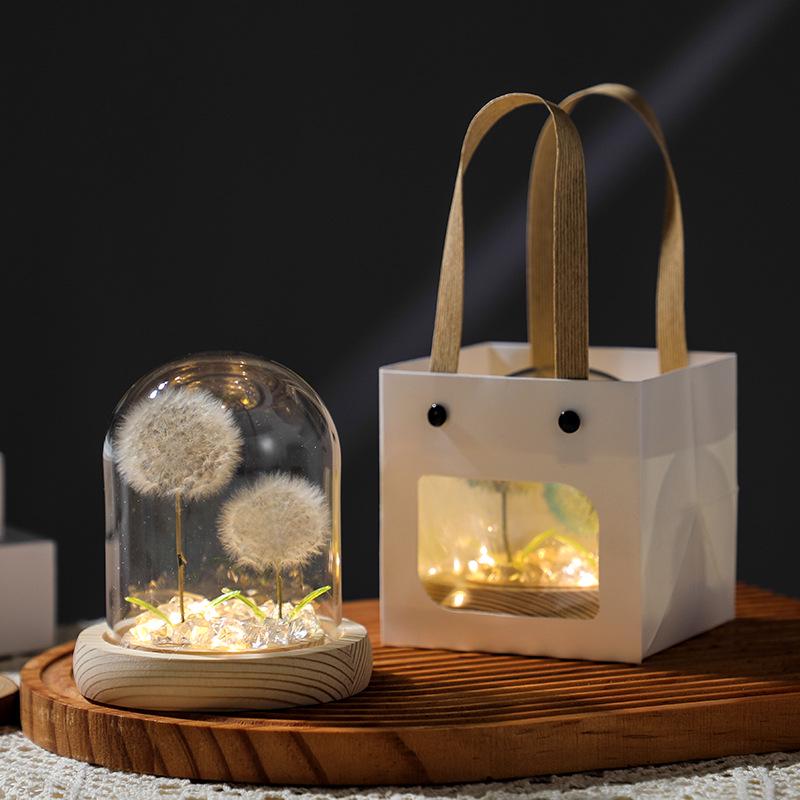 Luminous Dandelion Preserved Flower Bouquet Night Light in Glass Dome - Birthday Gift for Girls or Girlfriend