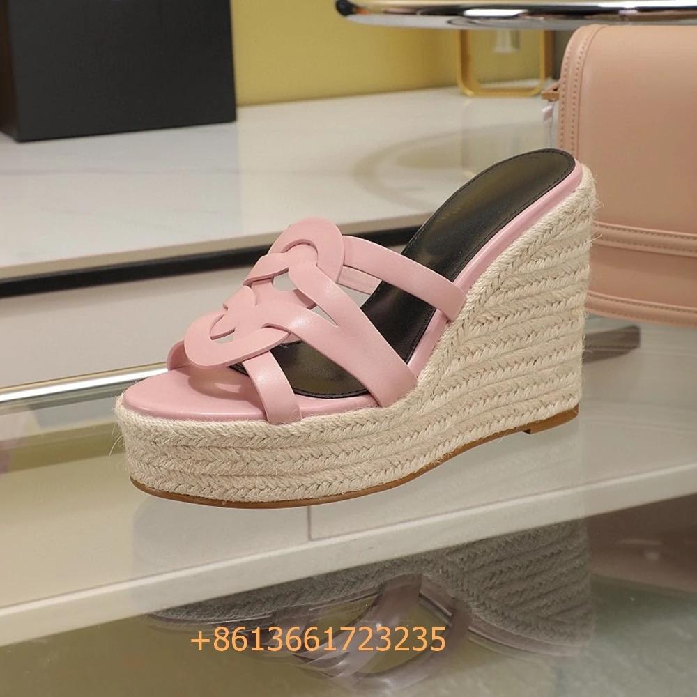 Fashion Corss Strap Patent Leather Platform Women Sandals Wedges Espadrilles Slip On Fashion Heels Open Toe 2025 Summer Newest Slides