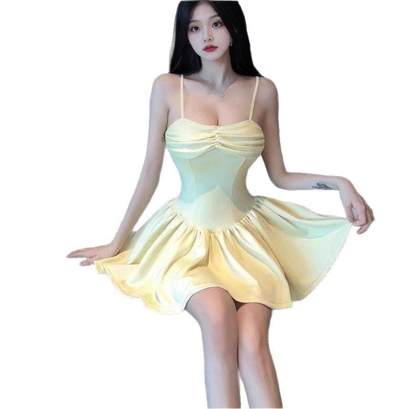 Pure desire sexy one-word shoulder pleated A-word skirt women's summer 2026 new Spice Girl waist and thin suspender dress