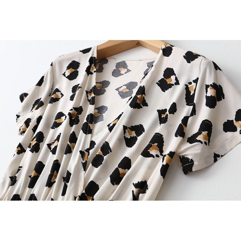 Recommend ~ Foreign Trade Original Order Noil Poplin Dress Sweet Printed Elegant V Neck Waist-Tight Artificial Cotton Dress Tea Dress