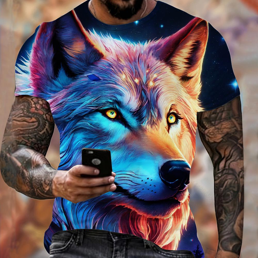 Summer Men's Lightweight Fitness Sports T-Shirt Cool Fire Wolf Graphic 3D Print Short Sleeve Casual Loose Streetwear Men's Tops