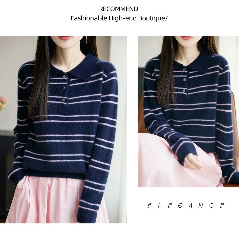 2025 Fall Women's Pure Wool Casual Stripe Polo Collar Long Sleeve Sweater