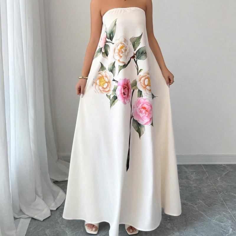 Women's Strapless Maxi Dress Floral Print High Waist A Line Elegant Evening Dress