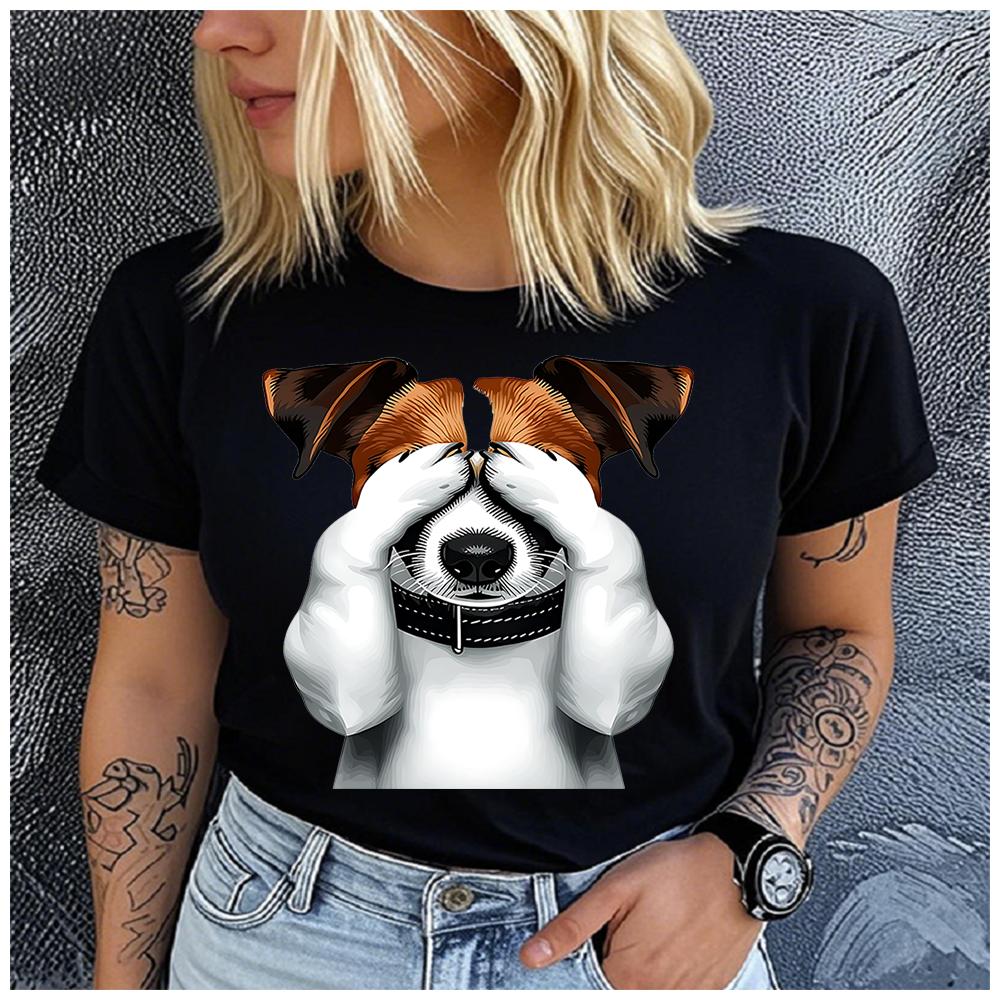 Unisex Womens Cotton Naughty Jack Russell Print TShirt Loose Round Neck Casual Short Sleeve Fashion Top Clothing Summer