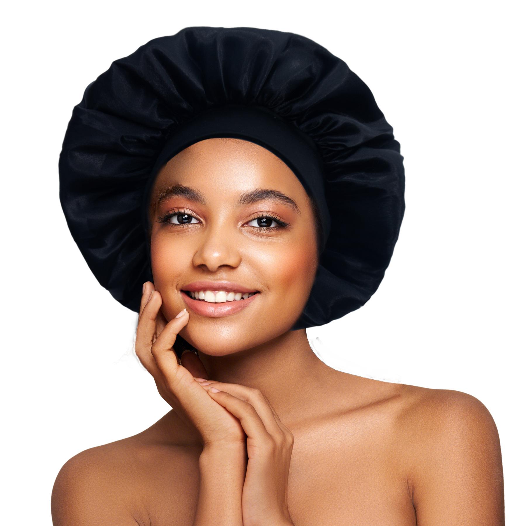 Wide-brimmed satin nightcap children s elastic fashion care cap beauty chemotherapy wash cap чёрный