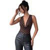 Damen Retro Polka Dot Netz Ärmelloser Body Sexy Rollkragen Plissierte Passform Body