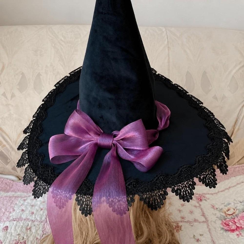 Lace Trim Wizard Hat Bandage Bow Lolita Bucket Hat New Witch Pointed Hat  Halloween Party