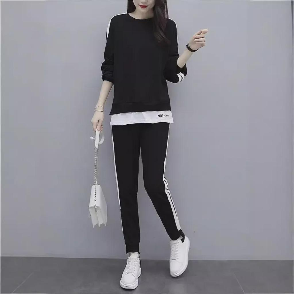 Damkläder i stora storlekar, avslappnad sportdräkt: Trendigt 2-delat set med tröja och byxor för vår/höst, trendig och slimmande design.