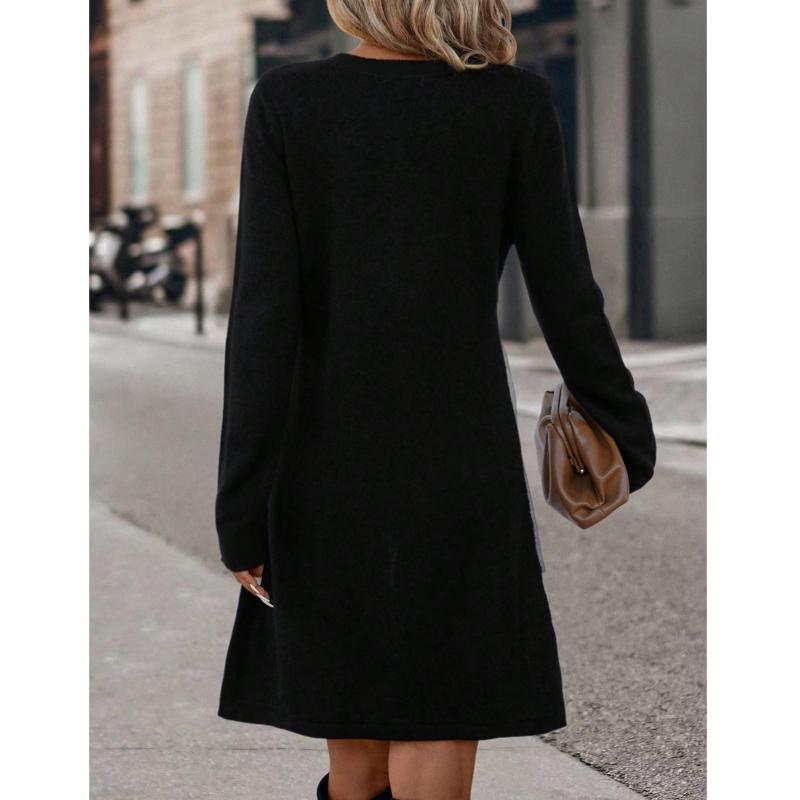 Women Dresses 2025 Autumn Winter Long Sleeve O-Neck Black Women Dress J898