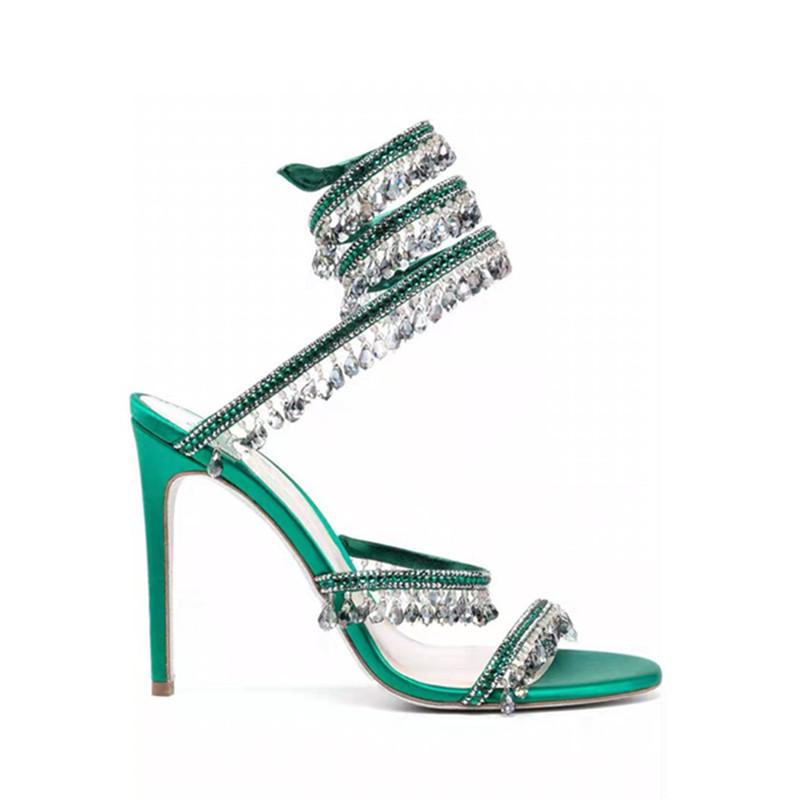 New Crystal Pendant, Snake-shaped Wrapped Rhinestone Tassel Decorative High-heeled Women's Sandals